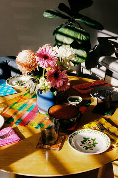 Bright Floral Arrangement on Colorful Dining Table