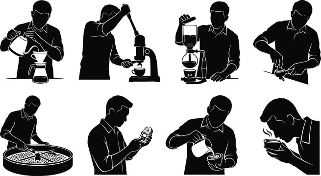 Barista brewing coffee vector silhouette icon set featuring latte art espresso tamping and roasting process