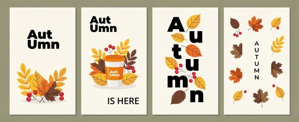 Fototapeta premium Set of four autumn posters with leaves, berries, coffee cup and typography seasonal fall design elements