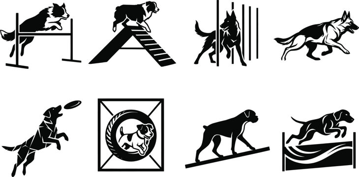 Dog agility training course vector icon set featuring jumping hurdles weave poles and tire obstacles