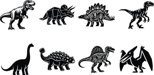 Dinosaur Silhouette Collection Set Featuring Tyrannosaurus Triceratops Stegosaurus Velociraptor Brachiosaurus Pterodactyl and Prehistoric Reptile Icons © Rupsenara
