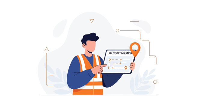 Route Optimization Concept: Worker with Tablet Showing Navigation Map and Location Pin