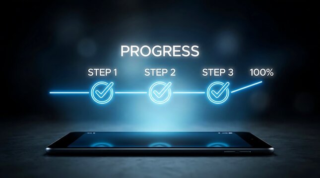 Digital Progress Tracking System for Business Workflow Visualization and Project Management Success. Modern Abstract Technology Roadmap on Tablet.