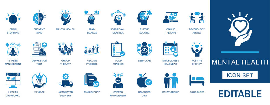 Mental health and wellness icon set. Featuring brain storming, online therapy, stress management, mood tracker, self care, health dashboard, and positive energy symbols.