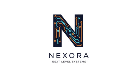 Fototapeta premium Nexora logo with circuit board pattern and tagline 'Next Level Systems' on white background