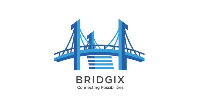 Modern blue bridge logo representing connection, progress, and technology with the tagline Connecting Possibilities