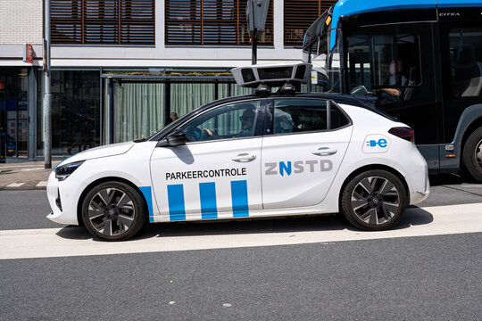 Zaandam, Netherlands - June 7, 2026: Opel Corsa-e electric scan car used for parking enforcement in the municipality of Zaanstad, Netherlands