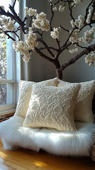 Naklejka premium Elegant Cream Quilted Pillows Resting on Soft Faux Fur Seat Underneath Beautiful Blooming Flowering Branch Near Sunny Window in Cozy Modern Home Interior Decor Setting