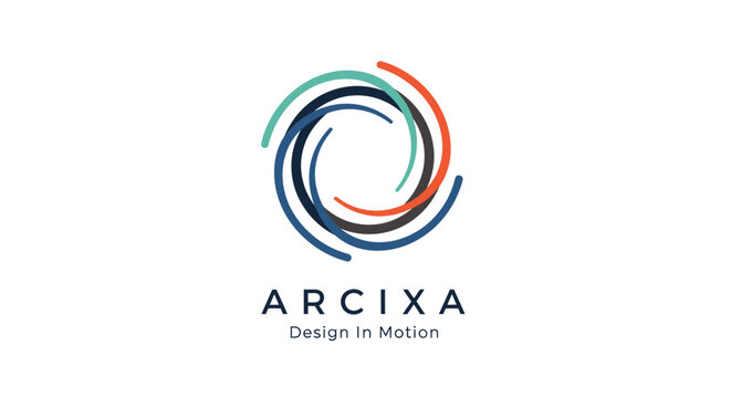 Modern abstract logo design with swirling colorful lines forming a circular vortex, company name ARCIA, tagline Design In Motion