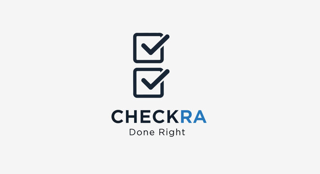 Modern logo design with two checkmarks and the text CHECKRA Done Right, symbolizing completion, success, and efficiency.