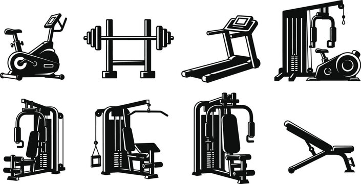 Black icons of various gym machines and equipment