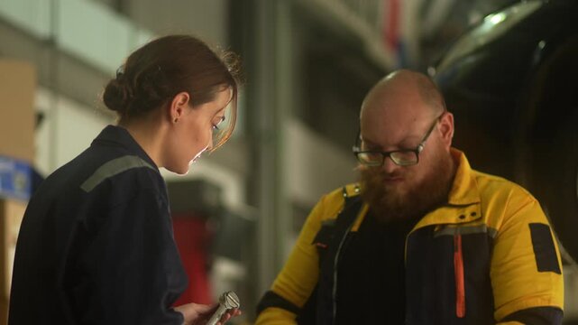 Caucasian male mechanic with glasses and a beard works alongside a female technician, reviewing a digital tablet and giving a thumbs-up. This high-energy commercial imagery represents gender diversity