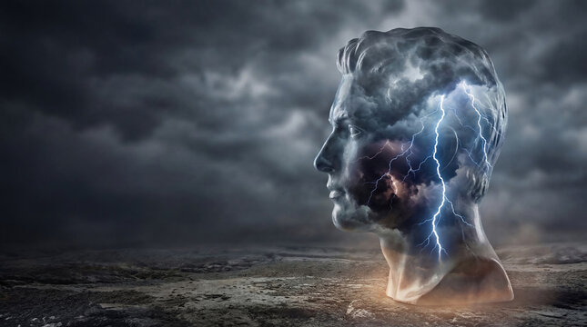 Storm lightning sculpture head cloud thunder dramatic sky landscape dark weather nature outdoor artistic surreal power energy