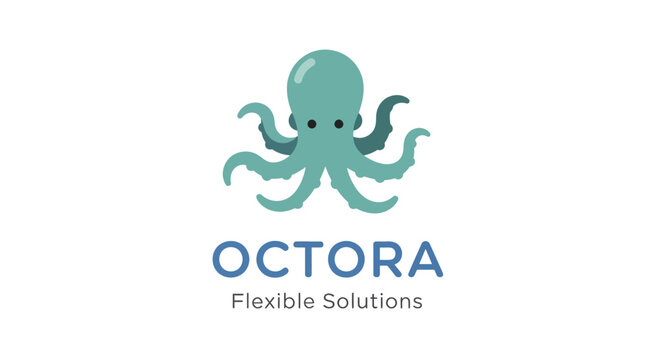 Cute cartoon octopus logo for a technology or business company called Octora, offering flexible solutions