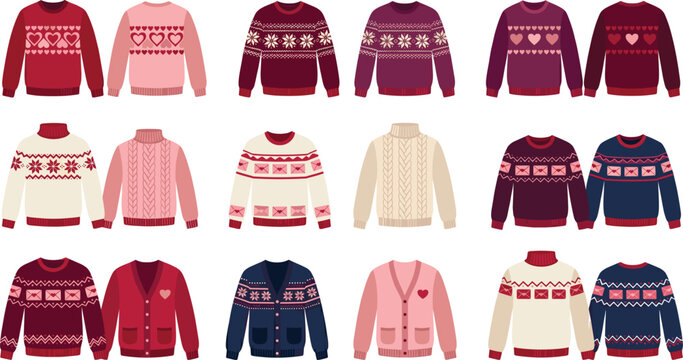 Cozy winter sweater vector set featuring knitted cardigans and pullovers with hearts and snowflakes patterns isolated on white background for Christmas and Valentine holiday designs.