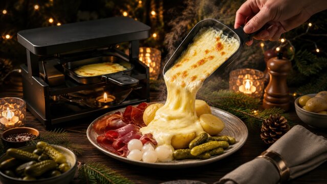 Traditionelles Schweizer Raclette mit geschmolzenem K&auml;se, Kartoffeln und Beilagen in weihnachtlicher Atmosph&auml;re