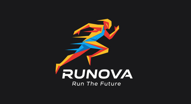 Dynamic abstract runner logo with text RUNOVA, symbolizing speed, future, and achievement.