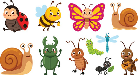 Cute garden insects and bugs cartoon character set vector illustration featuring ladybug bee butterfly snail beetle caterpillar dragonfly ant and cricket © Ms