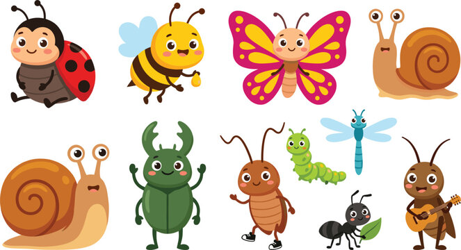 Cute garden insects and bugs cartoon character set vector illustration featuring ladybug bee butterfly snail beetle caterpillar dragonfly ant and cricket
