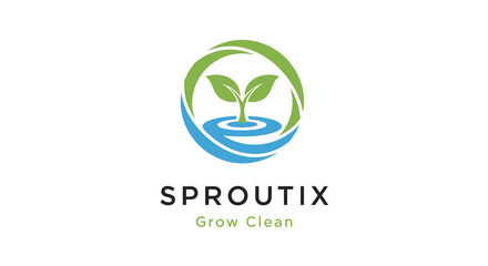 Fototapeta premium Sproutix Grow Clean logo with a green plant growing from water inside a circular frame representing growth and environment