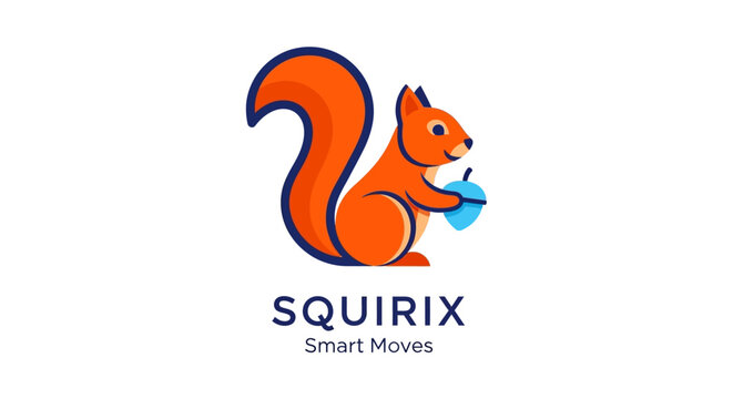 Cute cartoon squirrel holding an acorn, SQUIRIX logo with tagline Smart Moves, isolated on white background.