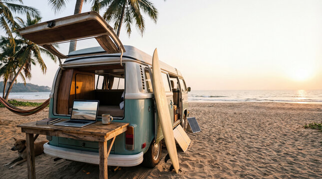 Vintage camper van with surfboard and laptop on wooden table at tropical beach during sunset, peaceful and inspiring