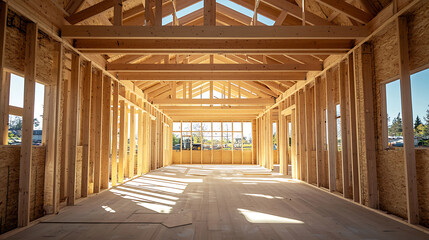 Naklejka premium Interior View of a Wooden House Under Construction Showcasing Structural Framing and Bright Natural Illumination.