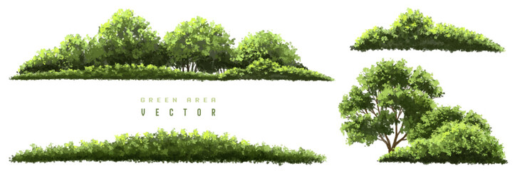 Obraz premium Vertor set of green tree,plants side view for landscape elevations,element for backdrop,eco environment concept design,watercolor greenery scene