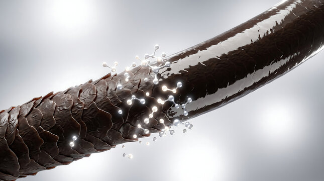 Glowing hexagonal molecule structure repairing damaged dark hair cuticle for protein bond restoration hair care product ad.