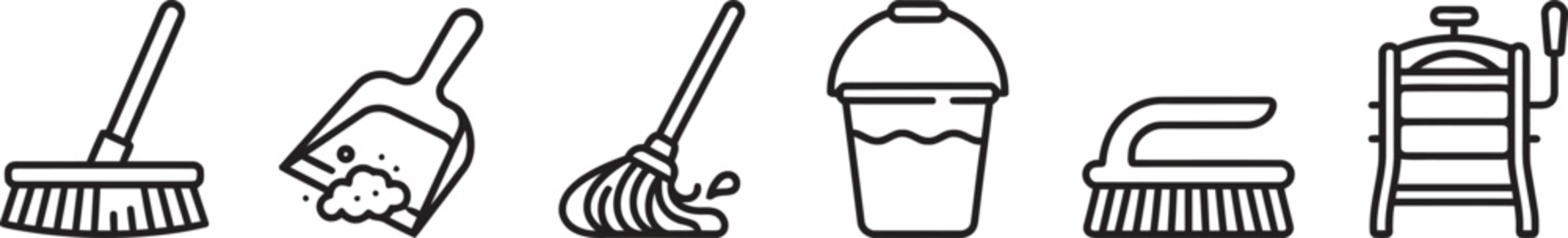 Cleaning and maintenance tools set featuring a broom, dustpan with debris, mop, bucket, scrub brush, and a wringer in a linear style