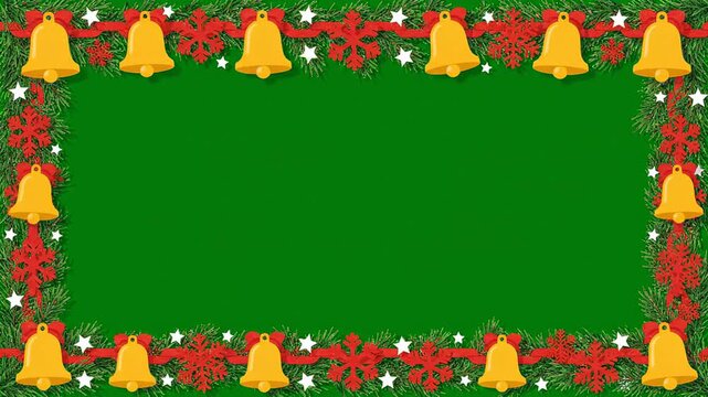Festive Christmas border frame with golden bells, red snowflakes, pine branches and stars on a green background for holiday greetings and promotions