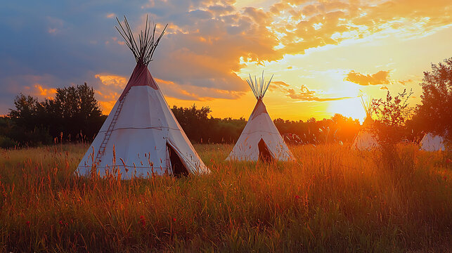 Two Traditional Tipis Standing in an Open Field During a Beautiful Sunset Over the Horizon.