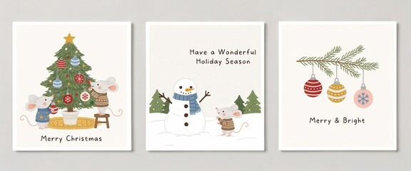 Fototapeta premium Set of three cute christmas greeting cards with mice, snowman, christmas tree and ornaments