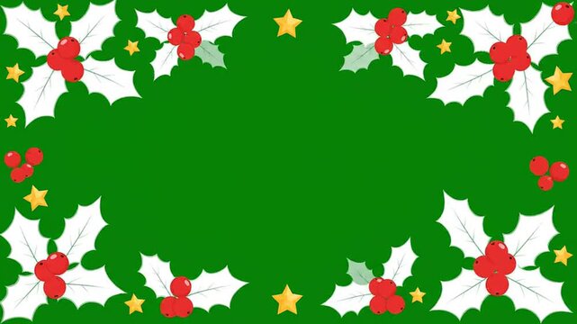 Festive christmas holly and berry border with stars on a green background, ideal for holiday greetings and winter celebrations