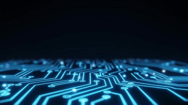 Blue circuit board surface, traces of data traveling rapidly along copper pathways, Artificial Intelligence Thinking