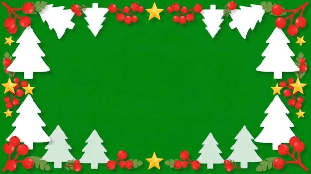 Festive Christmas tree and holly berry border with stars on a green background for holiday greetings and celebrations