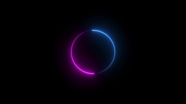 Round circle neon animation frame with two tone neon color shade motion graphic on isolated black background. Blue and pink light moving for overlay element 4k video