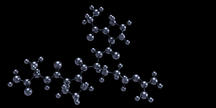 Pentapeptide-3 molecule. Anti-aging, anti-wrinkle neuropeptide, active cosmetic ingredient for skin care and muscle relaxation, expression lines reducer formula. Black background. 3D rendering