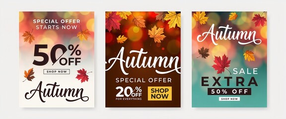 Naklejka premium Set of three autumn sale banners with falling leaves and bokeh background