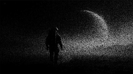 Astronaut standing in deep space on stipple background. Silhouette of man in spacesuit exploring universe. Minimalist dot art texture for astronomy and science exploration concept. © marruu