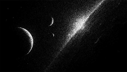 Stipple illustration of space scene with crescent planets and galaxy nebula. Dotwork art depicting cosmic universe and stars. Monochrome graphic texture for celestial design background. © marruu