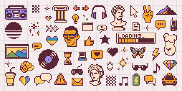 Pixel art y2k vector set with icons of man, statue, music, technology and vintage internet aesthetic. Digital graphic design elements for gaming UI, social media sticker and retro art.