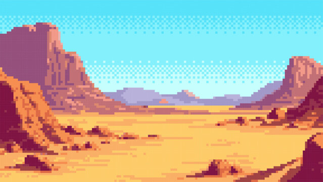 Pixel art landscape of a desert canyon. Digital illustration with rocky mountains and deep valley. Retro y2k aesthetic computer game background design with vibrant texture and vast horizon.