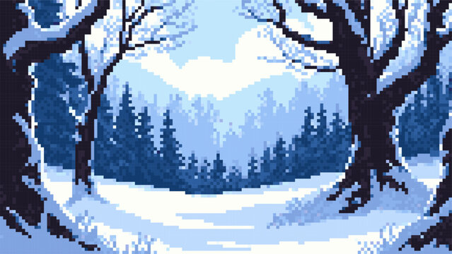 Winter forest landscape in pixel art style. Snowy trees and mountain scenery with retro Y2K aesthetic. Digital game background design for gaming interface, nostalgic computer graphic.
