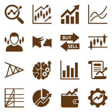 Financial Icons Collection Brown Flat Style On White Background