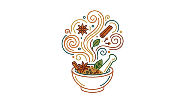 Mortar and pestle with spices and herbs creating aromatic steam.