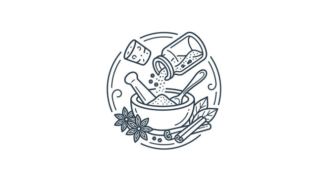 Mortar and Pestle with Spices and Herbs for Cooking.