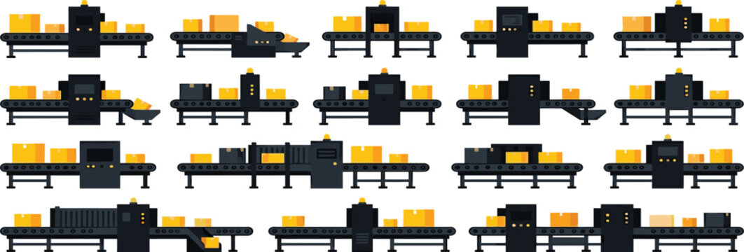 Factory Conveyor Belt and Automated Packaging Machine Icon Set for Logistics, Smart Warehouse Automation, and Industrial Manufacturing Process Designs