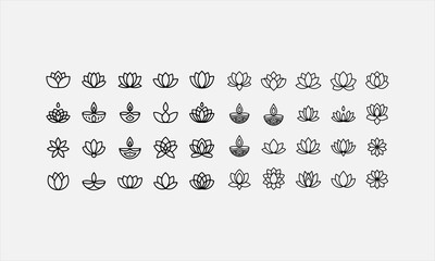 Lotus Flower for Diwali Celebration line art icon set vector illustration © lokshmon