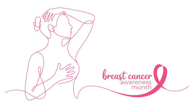 Continuous line art of a woman doing a breast cancer self exam with a pink ribbon for awareness month